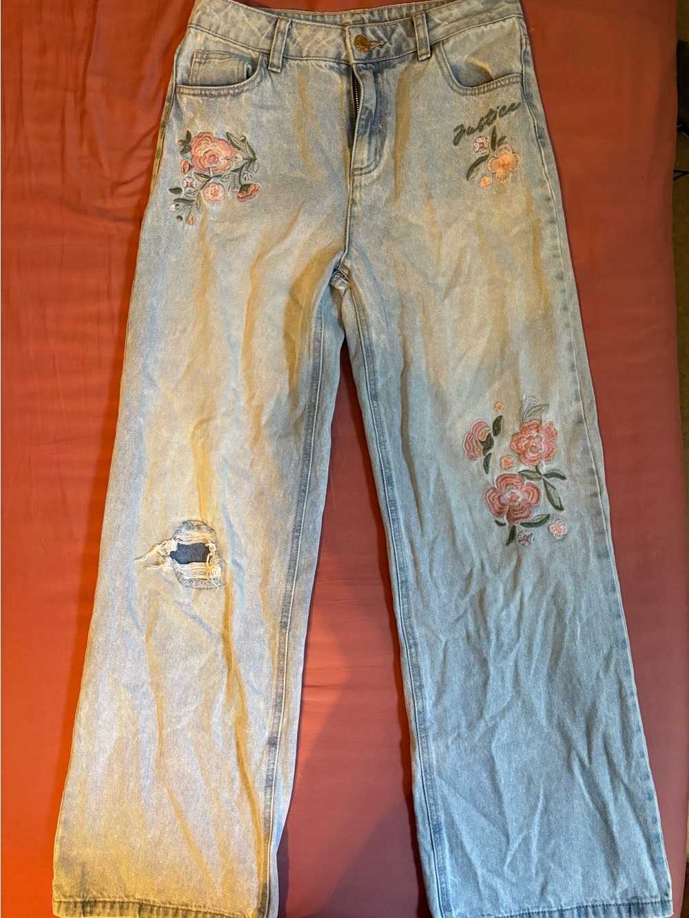 Justice Light Blue Straight-Leg Jeans with Pink Floral Embroidery